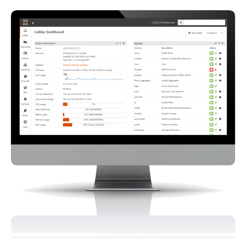 Dashboard der Security Lösung OPNsense